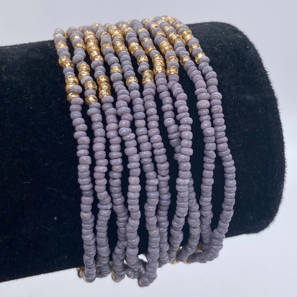 Multistrand Beaded Stretch Bracelet Gray & Gold Tone Beads - Picture 3 of 6